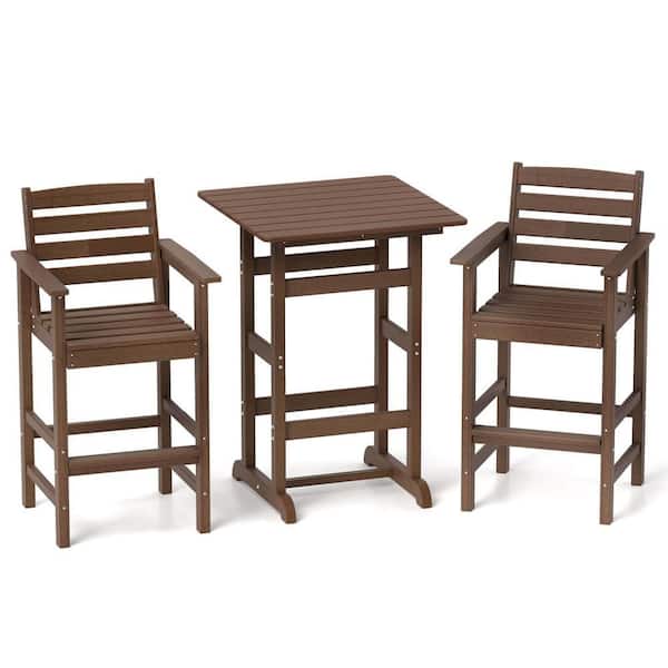 3-Piece Plastic Patio Conversation Set HDPE Armchairs with Square High-Top Table Footrest and Backrest Brown