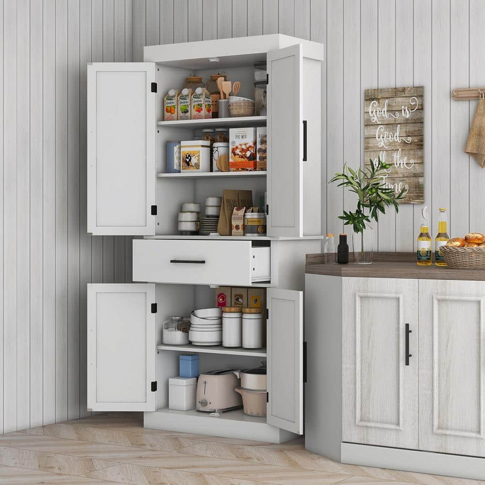 White Farmhouse Freestanding Kitchen Pantry Cabinet with Barn Doors