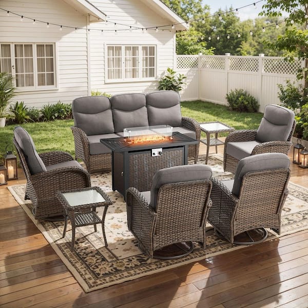 Moonridge 8-Piece Brown Wicker Fire Pit Conversation Set with 6 in. Olefin Gray Cushions / Metal Fire Pit Table