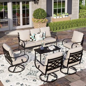 7 Seat 6-Piece Black Metal Steel Outdoor Patio Conversation Set with Beige Cushions, 4 Swivel Chairs And Table