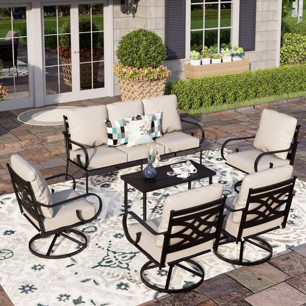 PHI VILLA 7 Seat 6-Piece Black Metal Steel Outdoor Patio Conversation ...