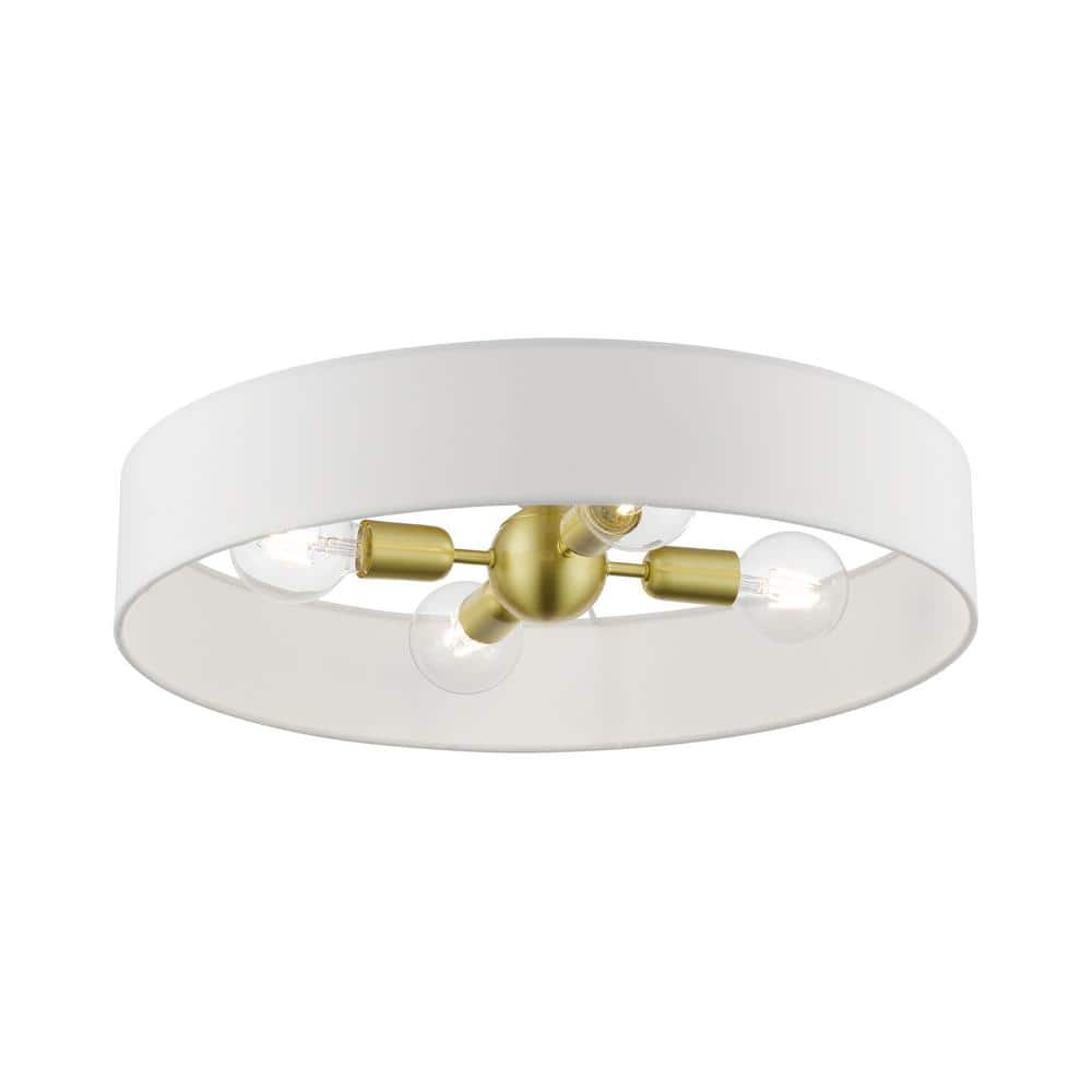 Satin Brass and White 4-Light Drum Semi-Flush Mount