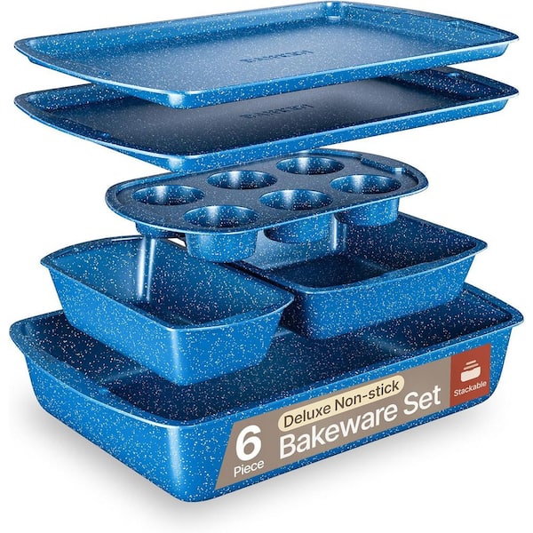 6-Piece Nonstick Blue Marble Coating, Commercial Grade Carbon Steel Bakeware Set