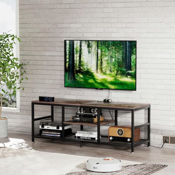 VECELO TV Stand with Power Outlets for Televisions up to 65", 55" Media Entertainment Center with 3-Tier Open Shelves Brown