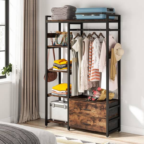 Freestanding Closet Organizer with Open Shelves & 2 Drawers Bedroom Garment  Rack