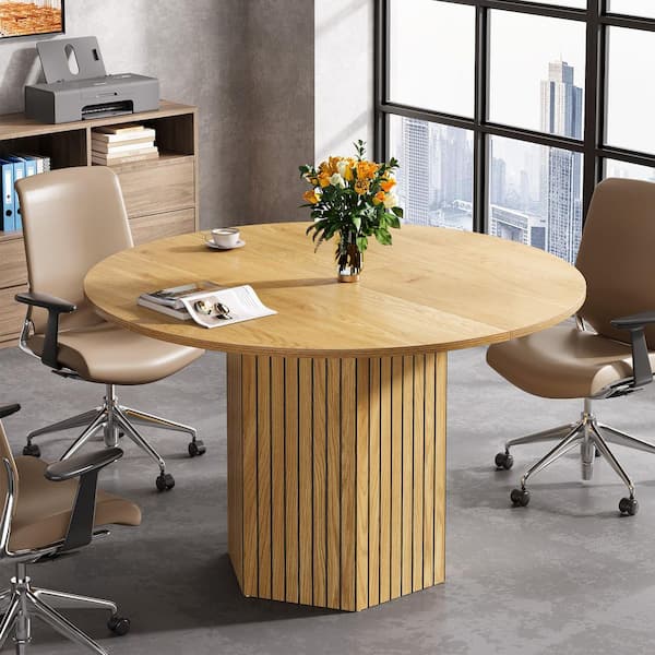 BYBLIGHT Moronia 47 in. Oak Round Conference Table, Wood Meeting Desk for 4-6 People, Seminar Table with Sturdy Base