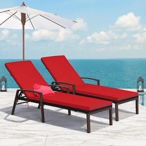 2-Piece Adjustable Height Wicker Rattan Chaise Recliner Patio Lounge Chair with Red Cushions