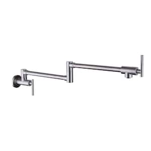 Wall Mounted Pot Filler Faucet 2 Handle with Double Joint Stretchable Folding Arm in Brushed