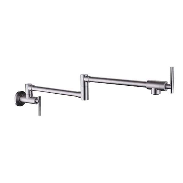 Tahanbath Wall Mounted Pot Filler Faucet 2 Handle with Double Joint Stretchable Folding Arm in Brushed
