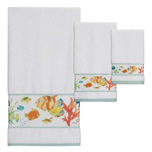 White Multicolor Avanti Three Fishes 100% Cotton Bath Towel with Tassel Trim 