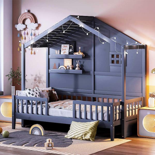 Gray Wood Frame Twin Platform Bed with Shelves, Window and Sparkling Light Strip on the Roof