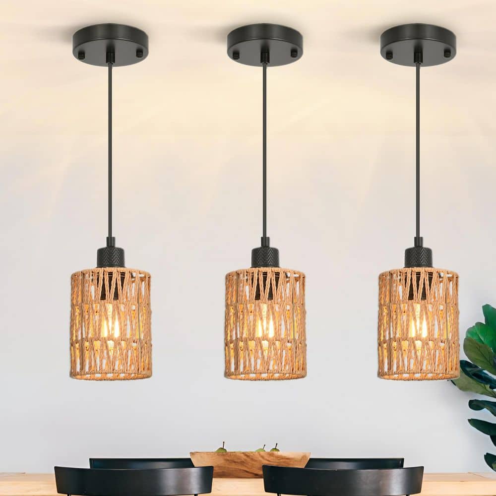 Jasslynn 40-Watt 1-Light Brown Pendant Light w/ Rattan Shade Pack of 3-Farmhouse Kitchen Island Lights No Bulbs Included price history on PriceWatchPro
