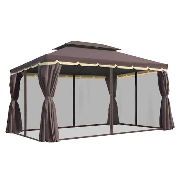 Outsunny 10 ft. x 13 ft. Coffee Aluminum Frame Soft Top Outdoor Patio Gazebo with Polyester Curtains and Air Venting Screens