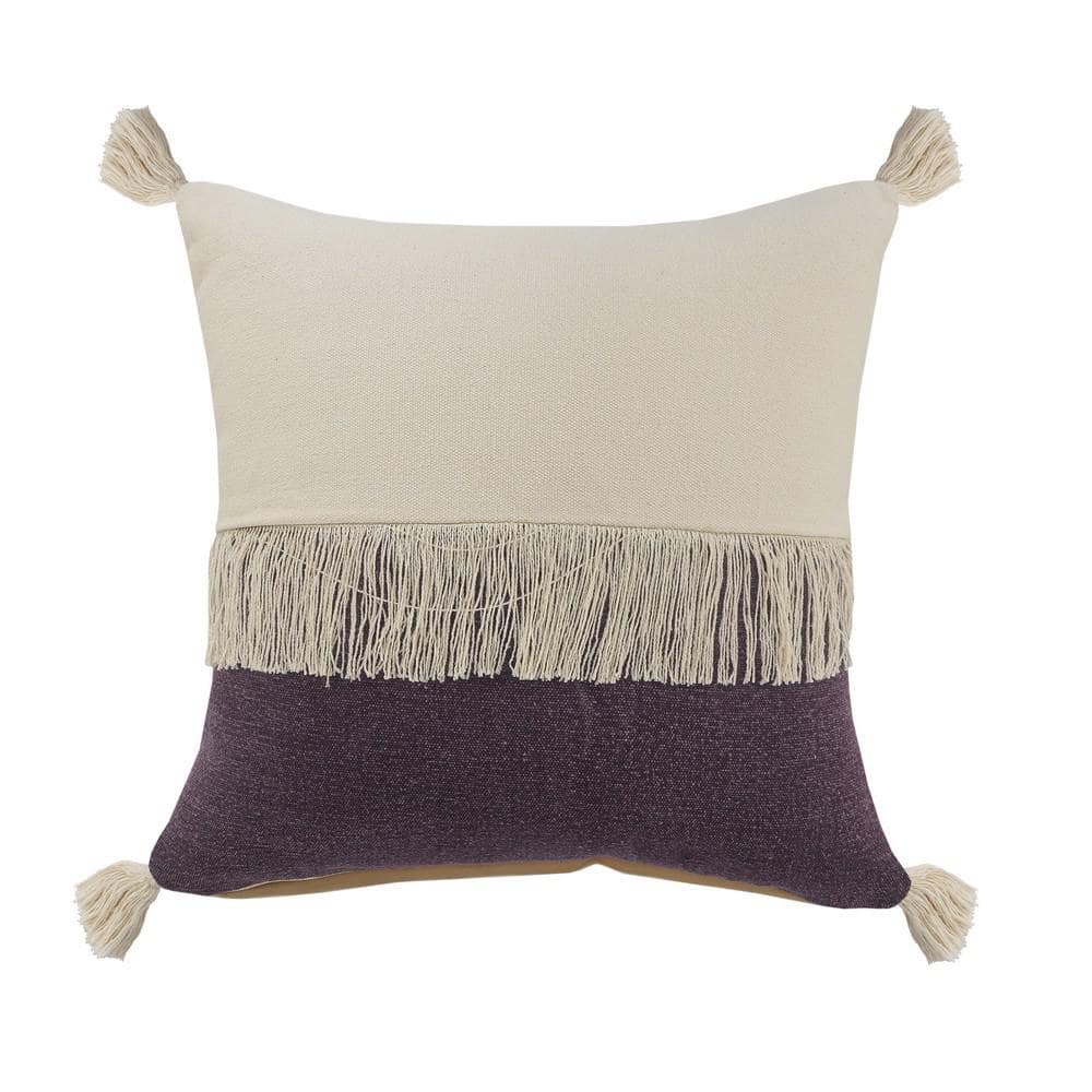 LR Home Festival Fringe Violet Purple/Off-White Color Block Soft Poly-Fill 20 in. x 20 in. Indoor Throw Pillow