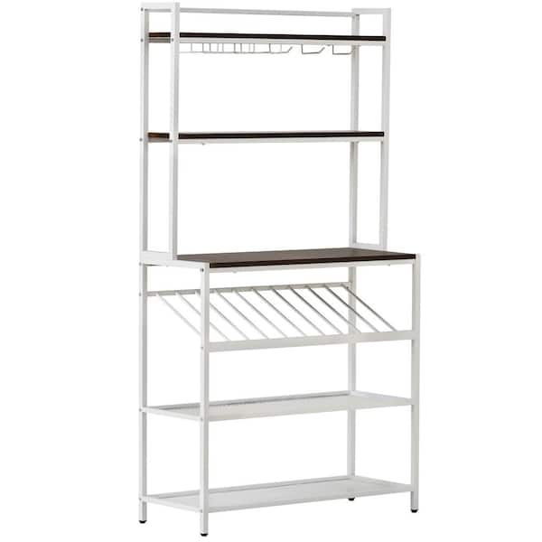 Tileon 10-Bottle Freestanding White Bar Wine Rack with Glass and Cup Holders 6-Tier Kitchen Baker Rack Microwave Stand Hutch