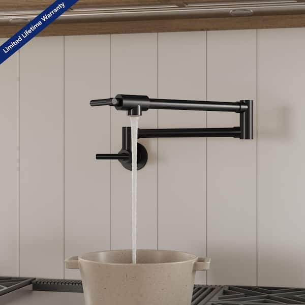 25.25 in. Extended Reach Wall Mount Pot Filler Kitchen Faucet 2-Handle with Dual Swivel Arms in Matte Black