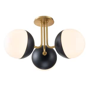 Goouu 19.7 in.W 3-Light Aged Brass and Black Modern Semi-Flush Mount with Milk White Glass Shades for Dining Room