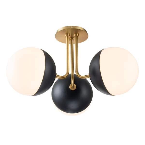 HUOKU Goouu 19.7 in.W 3-Light Aged Brass and Black Modern Semi-Flush Mount with Milk White Glass Shades for Dining Room