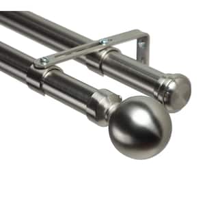 96 in. Non-Adjustable 1-1/8 in. Double Window Curtain Rod Set in Stainless with Ball 28 Finial