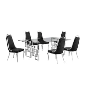 Dominga 7-Piece Glass Top 46" with Stainless Steel Set with 6 Black Velvet Chairs.