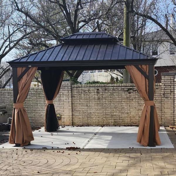 PURPLE LEAF 10 ft.x 13 ft.Bronze Aluminum Power-Coated Frame Galvanized Steel Double Roof Hardtop Gazebo,Hooks,Netting,Khaki Curtain