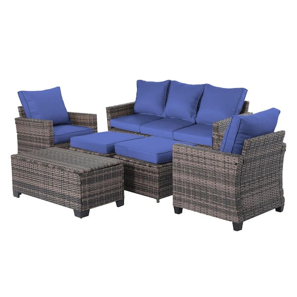 6-Piece Outdoor Patio Wicker Furniture Set with Storage Coffee Table and Blue Cushions