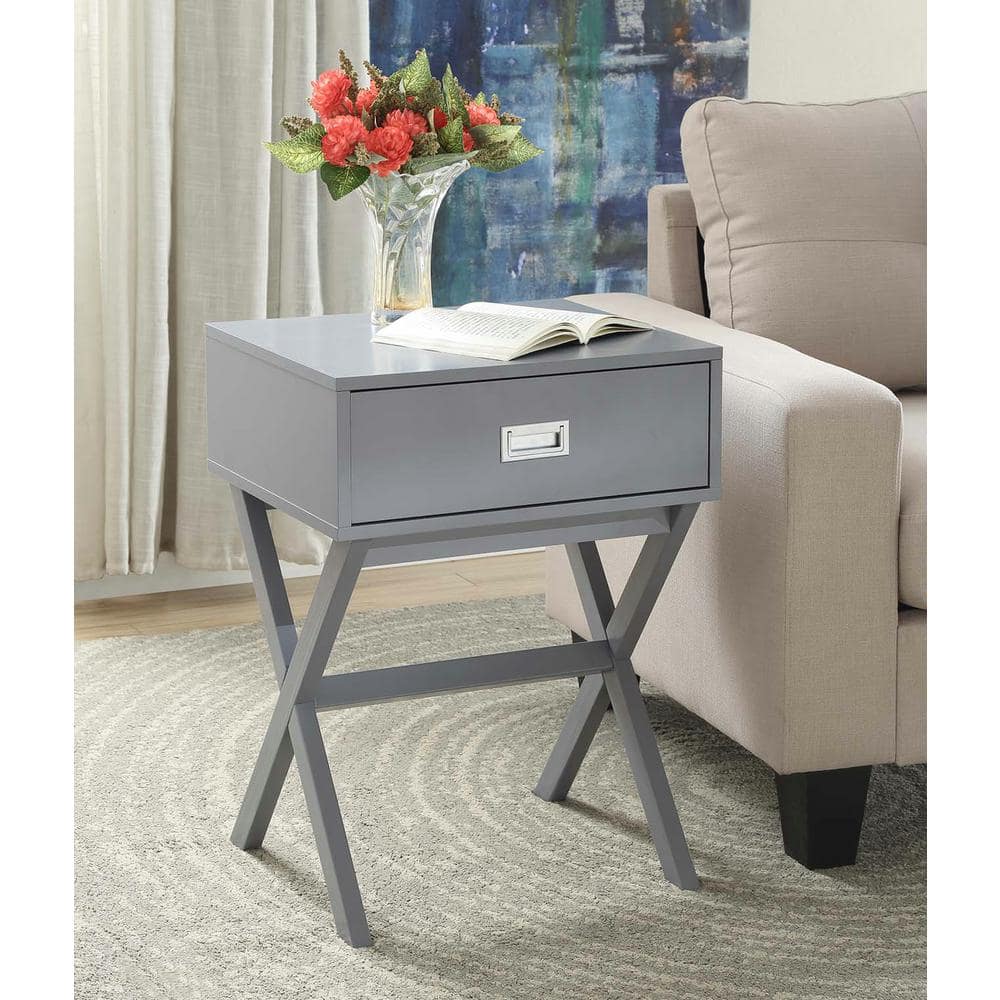 Modern Gray Wood Square End Table with Large Storage Drawer