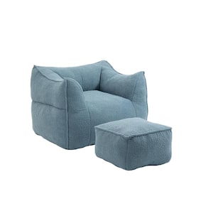 Modern Light Blue Boucle Square Bean Bag Accent Chair with Ottoman