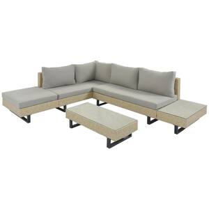 3-Piece Wicker Patio Conversation Set with Gray Cushions and 2 Glass Tables