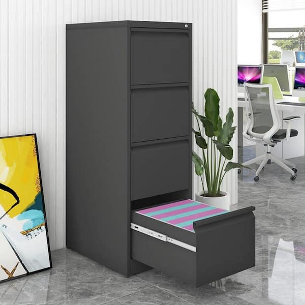 4 Drawer Black Metal 14.7 in. W Vertical File Cabinet with Lock 52.4 in. H Steel File Cabinet for A4 Legal Letter Size P173372WZT1247 The Home Depot