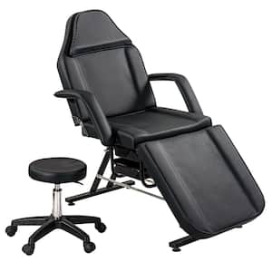 Black Adjustable Massage Leather Chair Esthetician Bed with Hydraulic Stool, Multi-Purpose 3-Section Facial Bed Table