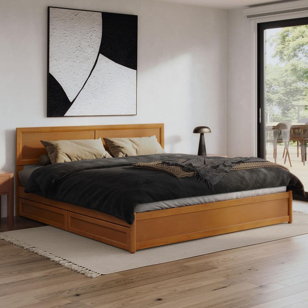 Lylah Walnut Brown Solid Wood Frame King Platform Bed with Panel Footboard and Storage Drawers - thumbnail 7
