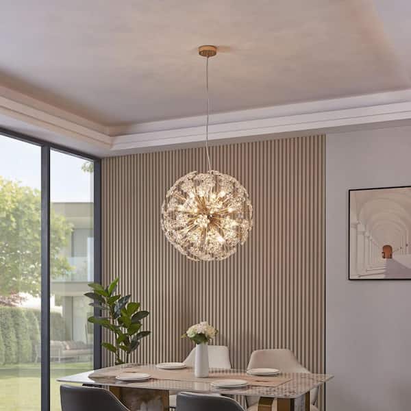 16-Light Gold Sputnik Spherical Chandelier, Clear Crystal Island Pendant Light