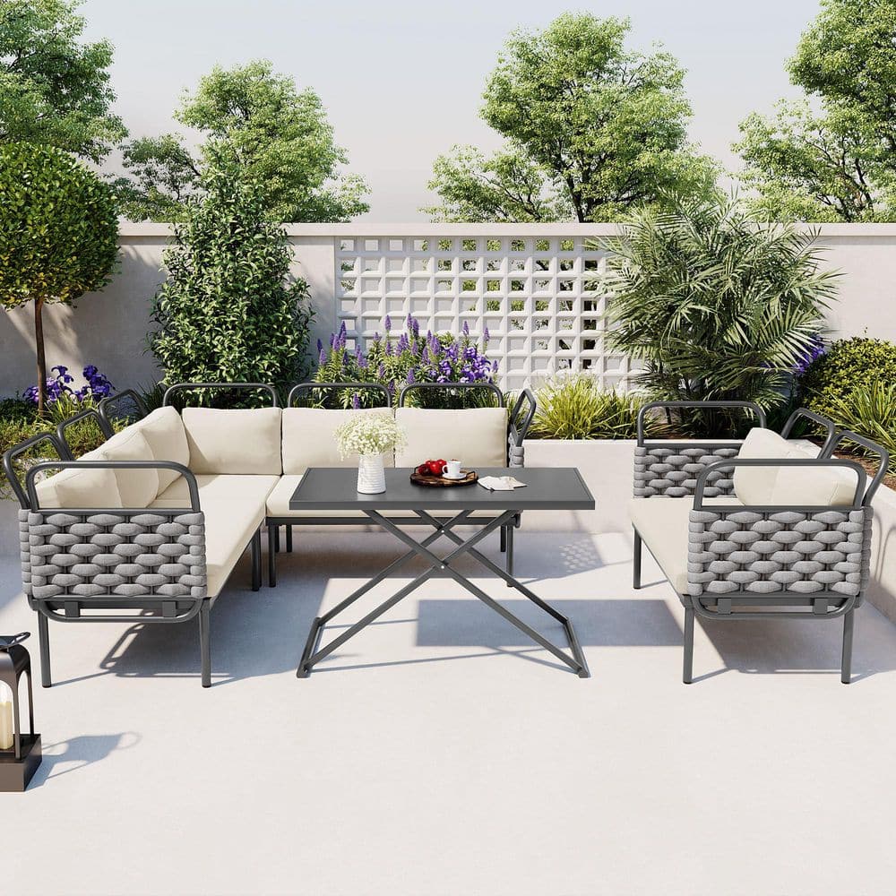 5-Piece Metal Plus Braided Rope Outdoor Modern Patio Sectional Sofa Furnitu