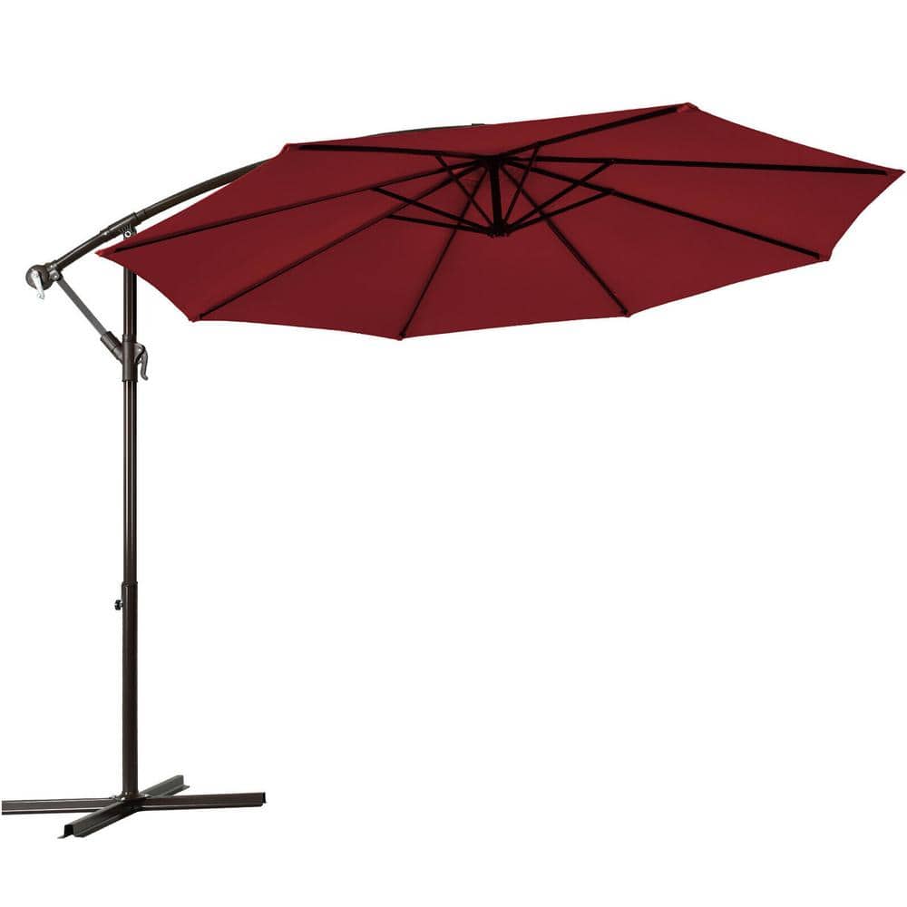 10 ft. Patio Solar Powered Cantilever Umbrella with Tilting System in Red