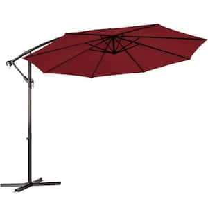 10 ft. Iron Cantilever Tilt Patio Umbrella in Burgundy with Stand