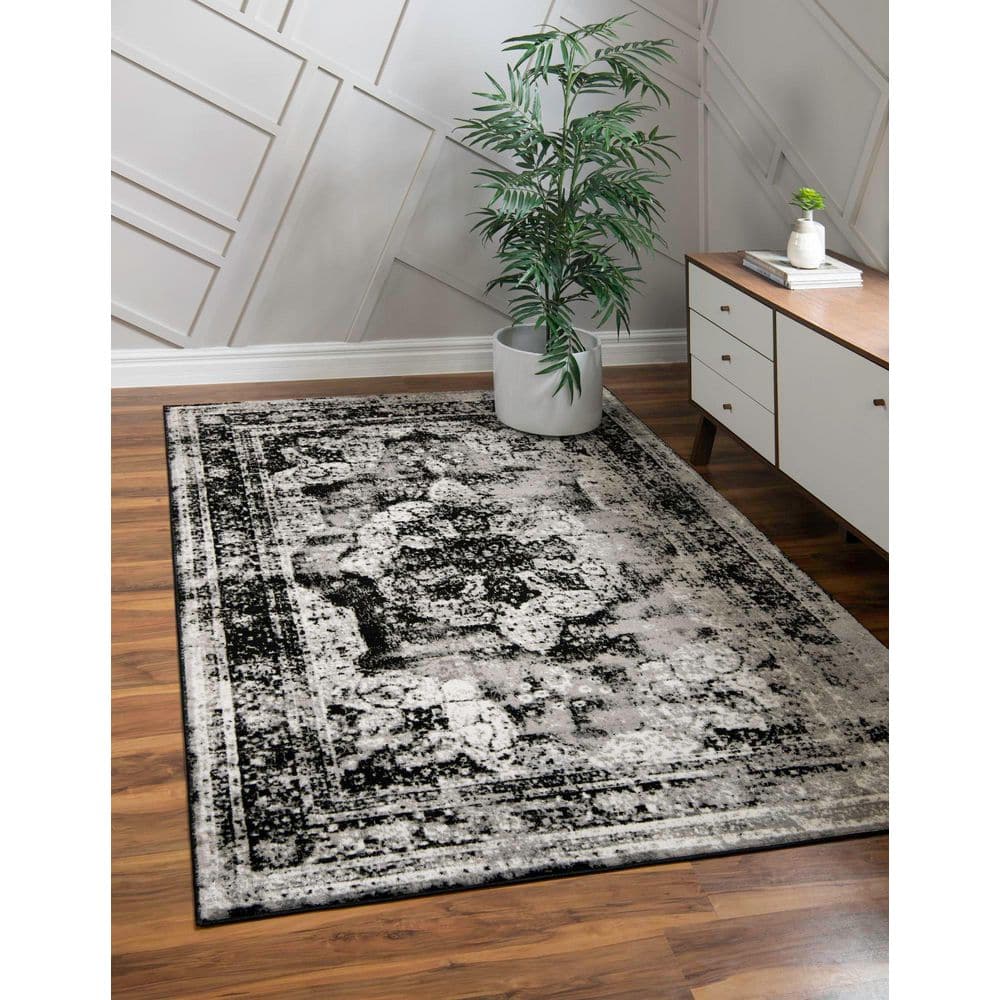 Reversible Easy-Care Synthetic Black Rectangular Rug