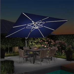 9 ft.x 12 ft. Aluminum Solar Powered LED Patio Cantilever Offset Umbrella with Stand, Navy Blue