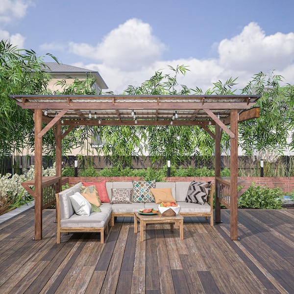 13 ft. x 6.5 ft. Brown Wooden Pergola Grill Gazebo with Metal Roof and Bulbs and Bar Counters