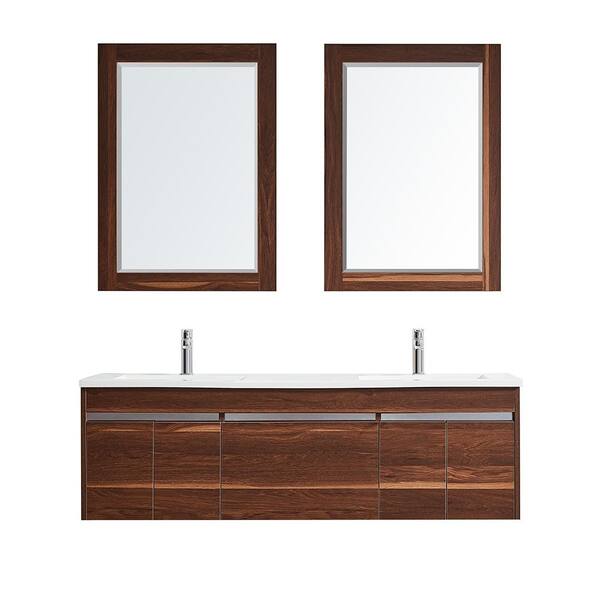ROSWELL Thomas 60 in. W x 18 in. D Bath Vanity in Walnut with Quartz Vanity Top in White with White Basins and Mirrors