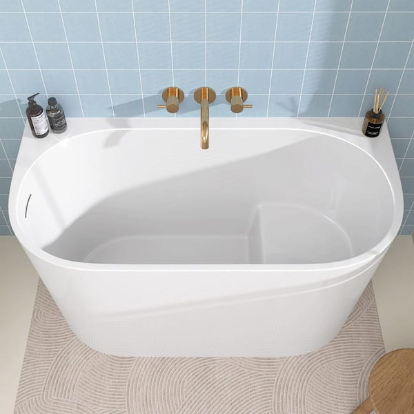 High 47.25 in. x 23.63 in. Acrylic Japanese Soaking Bathtub Flatbottom Freestanding Tub with Drain in Glossy White