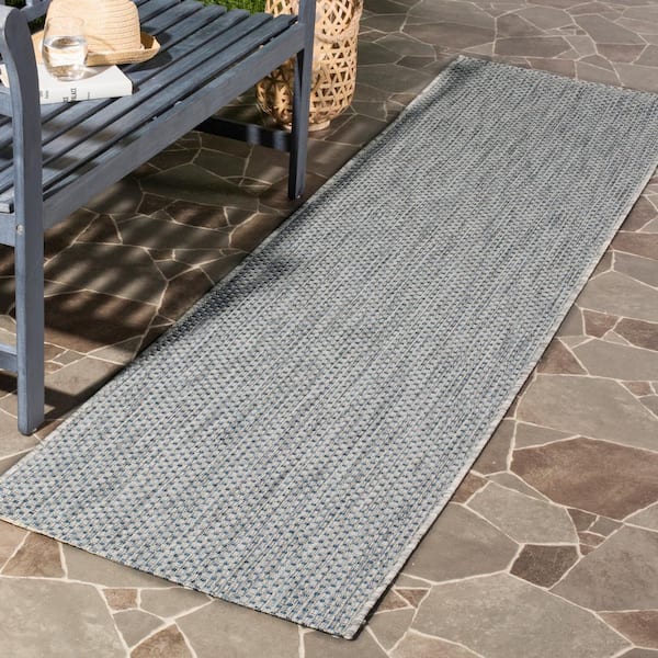 Courtyard Gray/Navy 2 ft. x 20 ft. Solid Distressed Indoor/Outdoor Patio  Runner Rug
