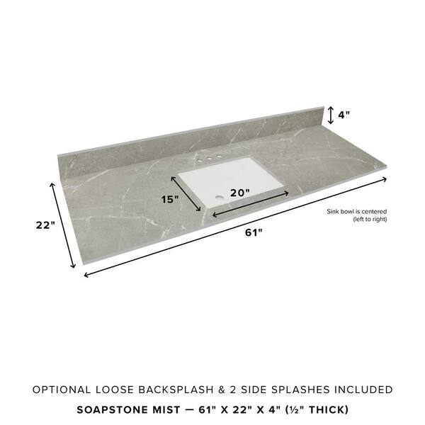 61 in. W x 22 in. Vanity Top in Soapstone Mist with Single White Sink and 4 in. Faucet Spread 61 in. W x 22 in. Vanity Top in Soapstone Mist with Single White Sink and 4 in. Faucet Spread
