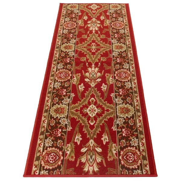 RugStylesOnline Mahal Design Cut to Size Red Color 36" Width x Your Choice Length Custom Size Slip Resistant Rubber Runner Rug