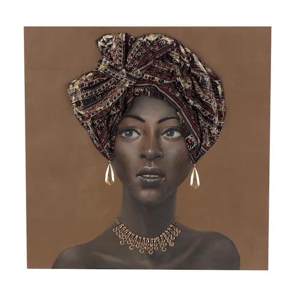 Framed Woman Art Print with 3D Fabric Headwear And Gold Jewels 40 in. x 40 in.