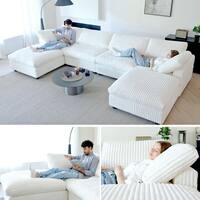 Magic Home Large 157 in. Square Arm Faux Rabbit Fur Velvet L-Shaped Modular Sofa Lawson Cloud Couch with Ottoman for Party in White MH-S-141BE-L6+1