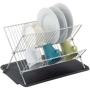 17 in. x Black Shaped Stainless Steel 2-Tier Dish Rack with Utensil and Cutting Board Holder for Kitchen Counter