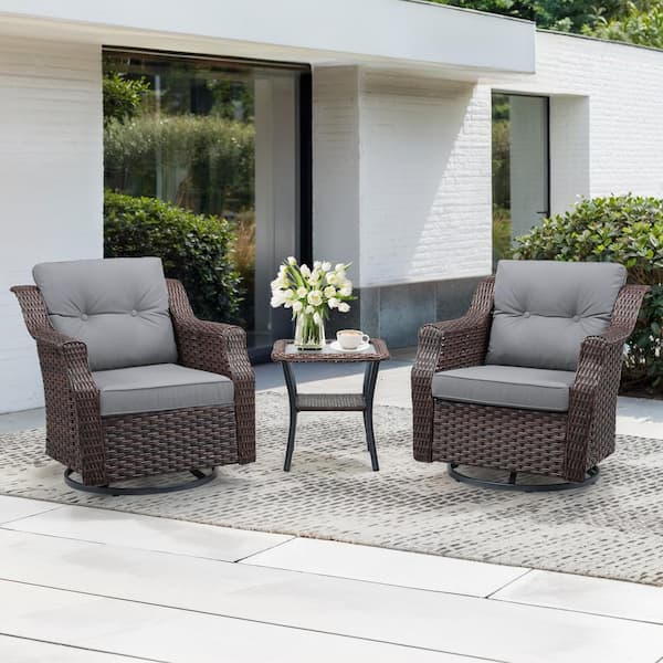 3-Piece Brown Wicker Outdoor Swivel Rocking Chair Set with Gray Cushions