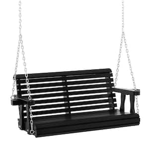 2-Person Natural Wooden Porch Swing with Cupholder Armrests in Black