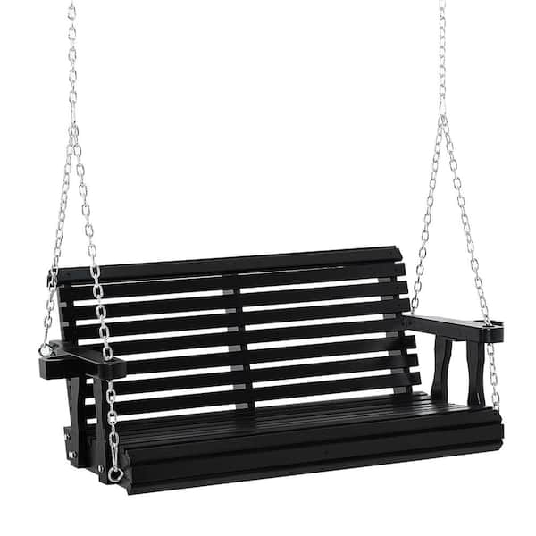 Outsunny 2-Person Natural Wooden Porch Swing with Cupholder Armrests in Black